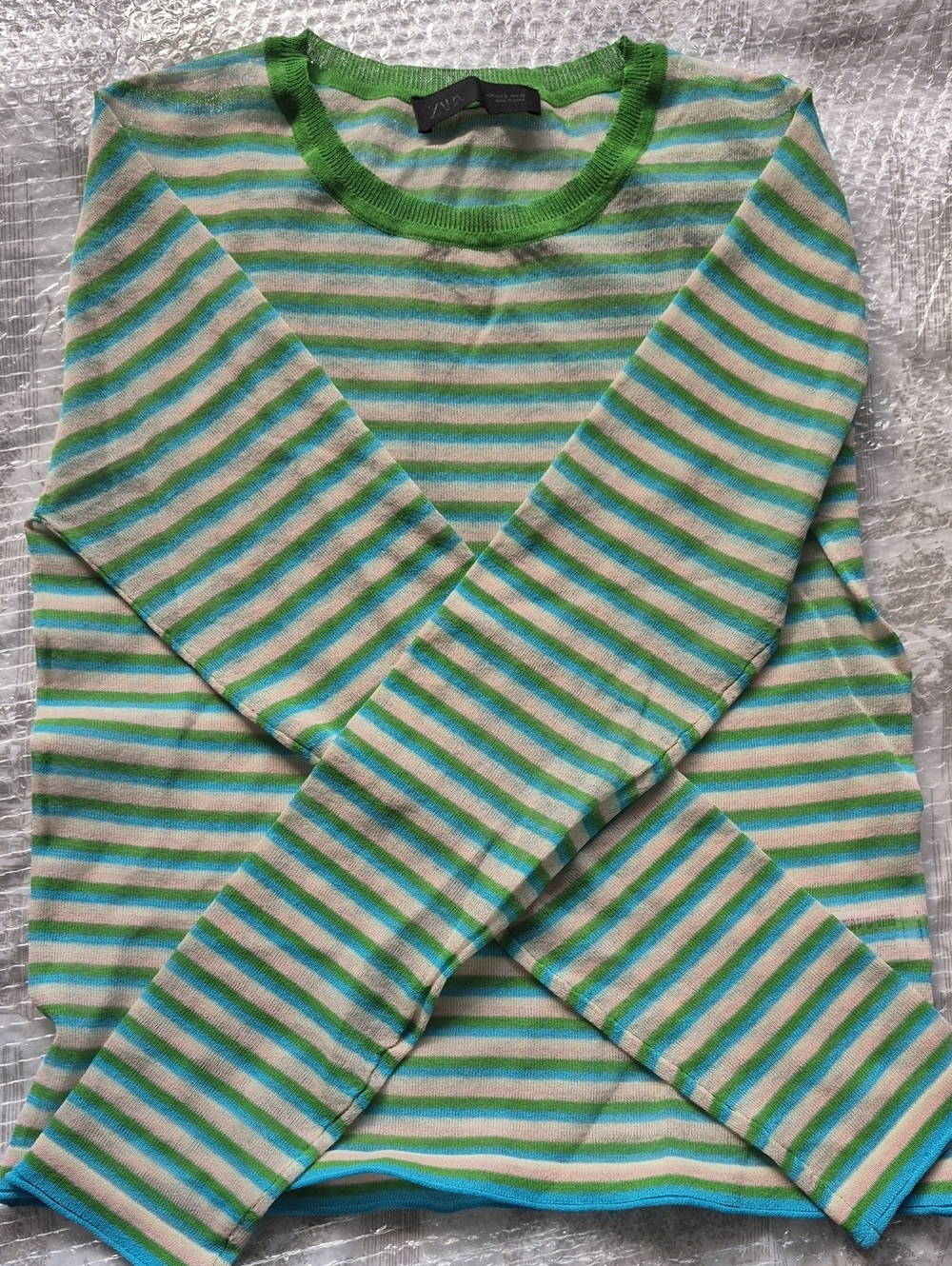 Zara NWOT! Semi Sheer Green, Blue & Cream Striped Knit Top